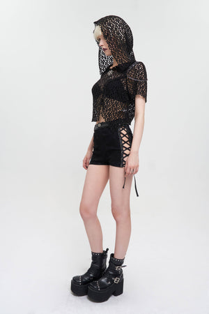 Western Fashion TT189 Men's Crop Fishnet Hooded Knit Shirt