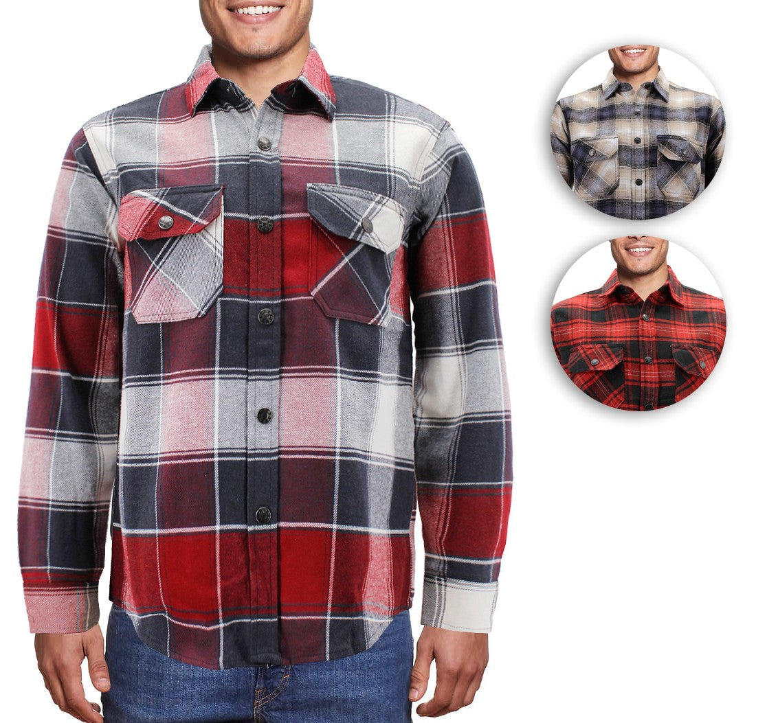 VKwear Men's 100% Cotton Long Sleeve Plaid Flannel Snap Button Shirt